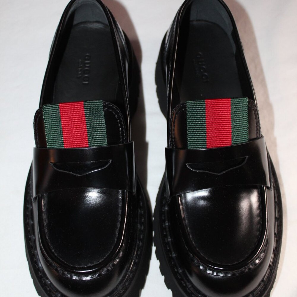 NWB GUCCI Lug Sole Penny Loafers Black Web Slip Ons 806399 - Picture 3 of 8